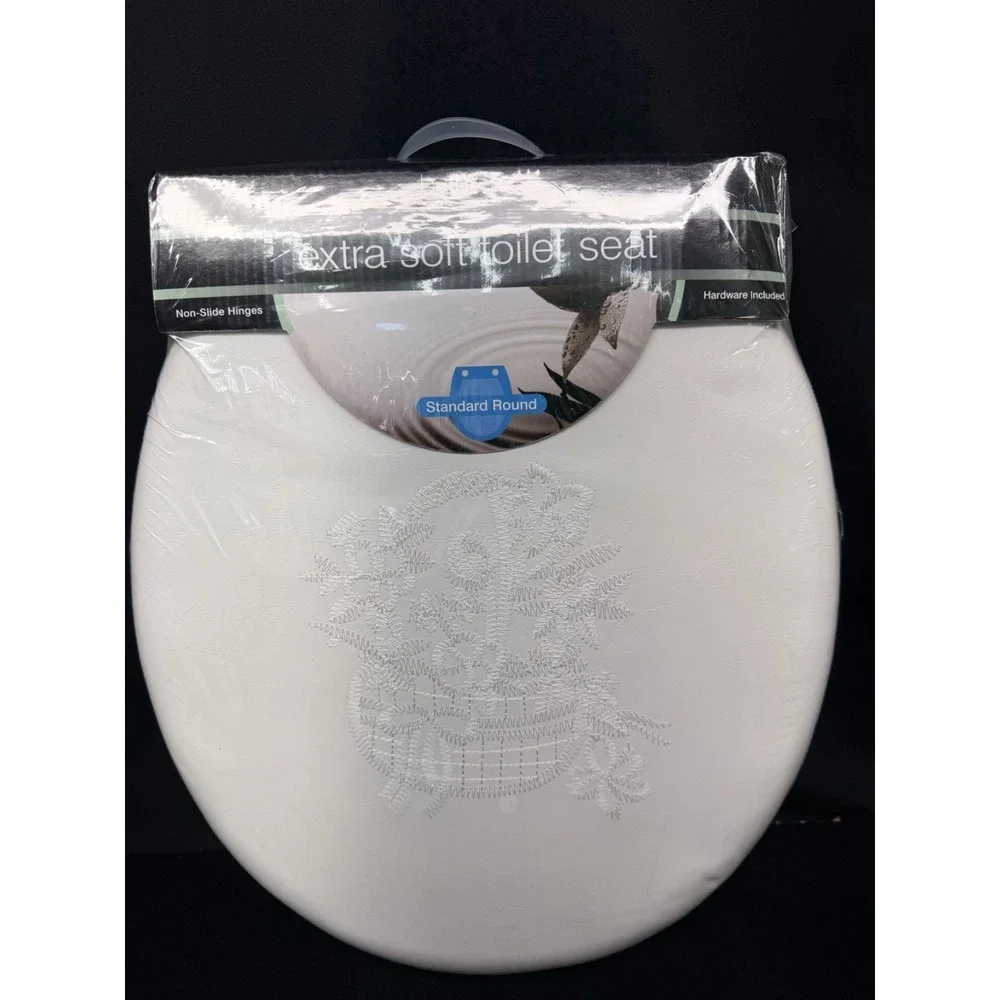 Extra Soft Toilet Seat Embroidered Flower Basket White Bath Bliss Cottage Core